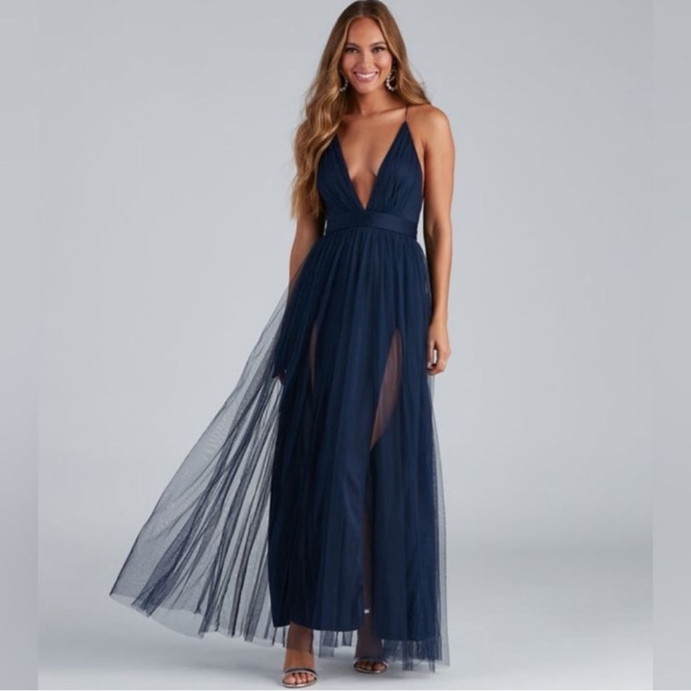 Navy Tulle Dress - Strappy V-Back Size Medium (NWT)